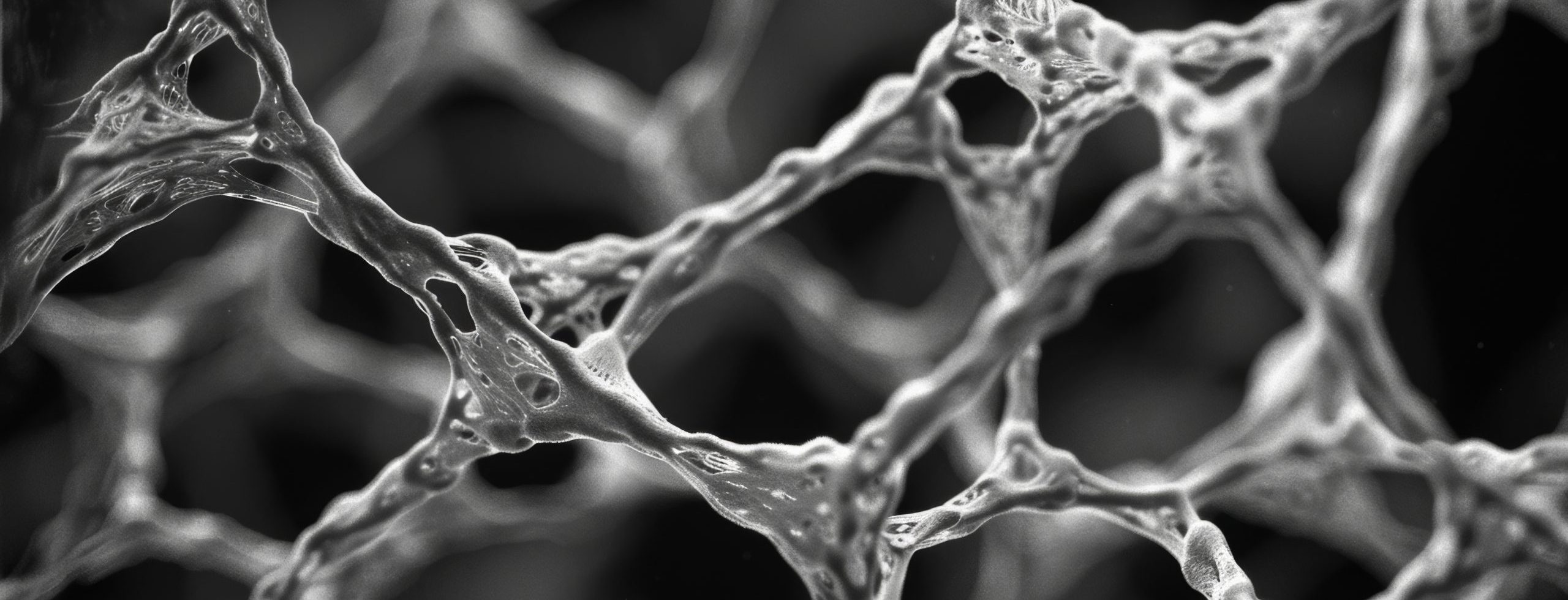 This closeup texture shows the intricate weblike structure of a nanomaterial coating with each filament connecting to neighboring particles. The network effect creates a strong durabl